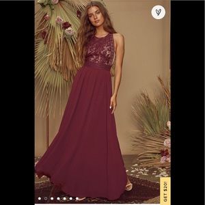 Lulus forever and always burgundy maxi lace dress XL